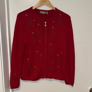 Full Zip Beaded/Embroidered Christmas Tree Cardigan “Ugly Sweater”